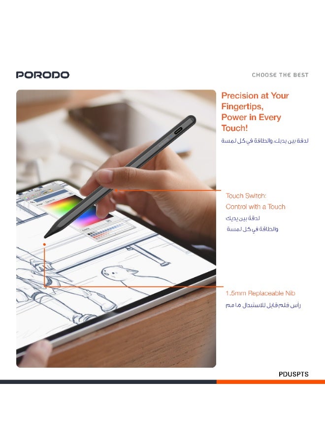 porodo Universal Smart Pencil with Touch Switch - Black - Image 2